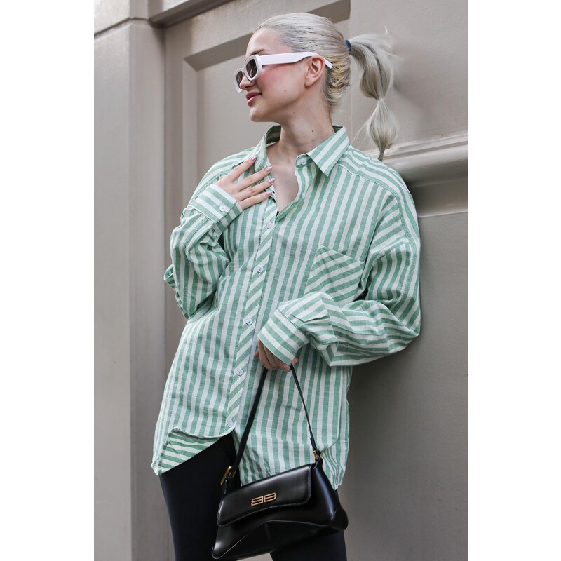 Madmext Green Striped Oversize Women's Shirt