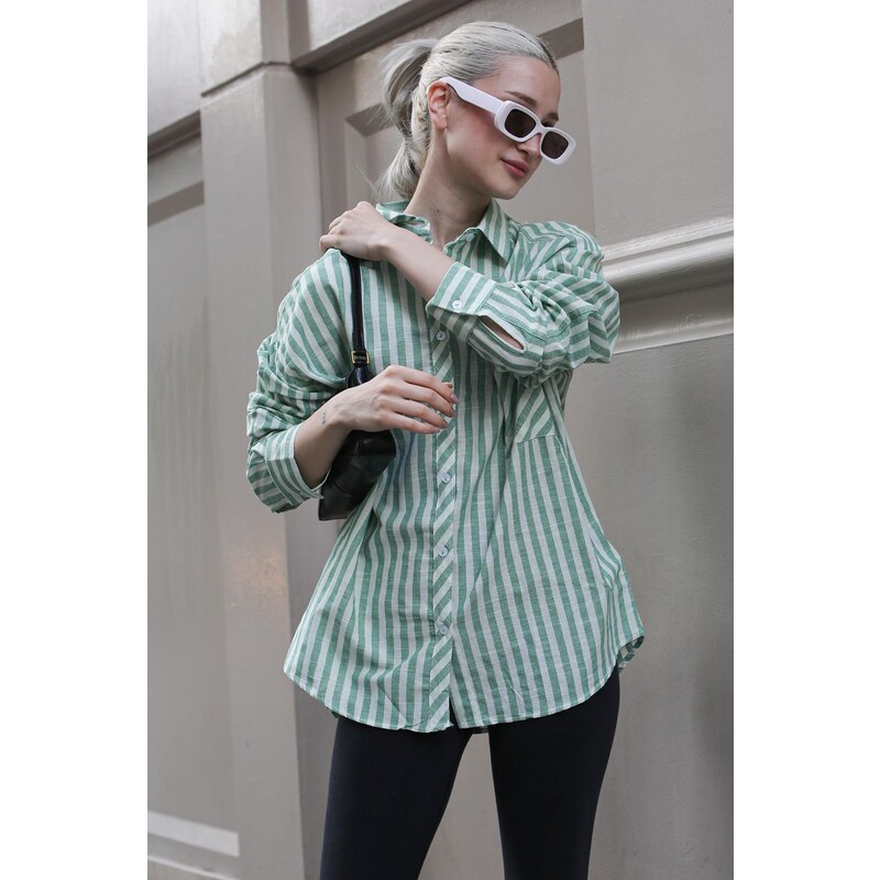 Madmext Green Striped Oversize Women's Shirt