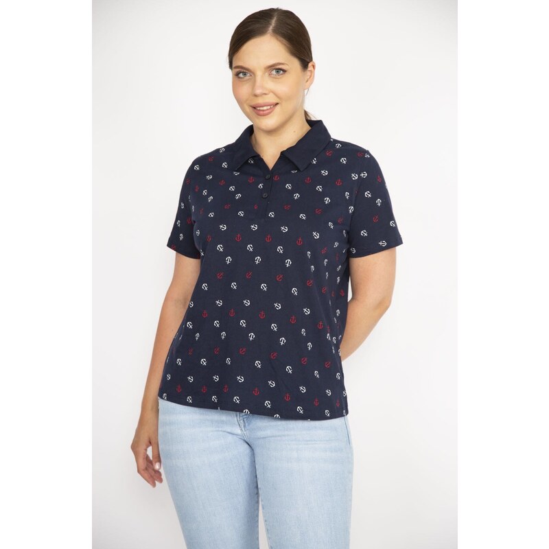 Şans Women's Navy Blue Large Size Cotton Fabric Marine Pattern Polo Collar Short Sleeve Plus Size Blouse