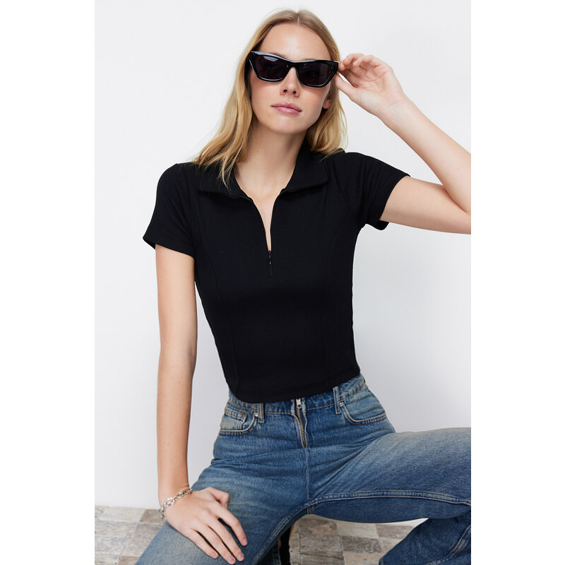 Trendyol Black Ribbed Stitch Detail Polo Neck Crop Elastic Knitted Blouse