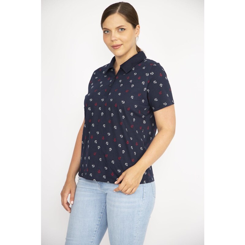 Şans Women's Navy Blue Large Size Cotton Fabric Marine Pattern Polo Collar Short Sleeve Plus Size Blouse