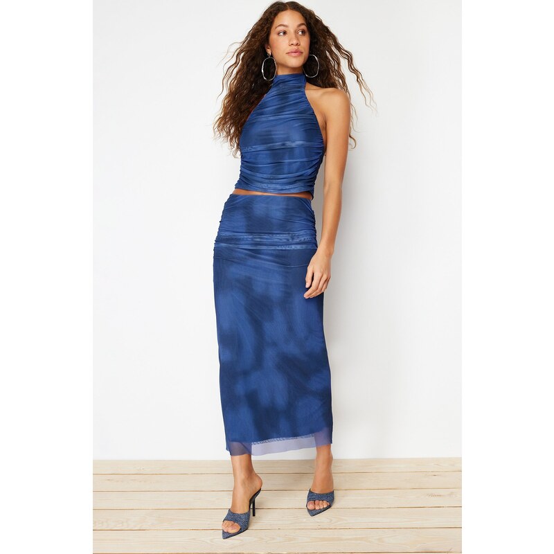 Trendyol Indigo Draped Maxi Tulle Stretch Knitted Skirt