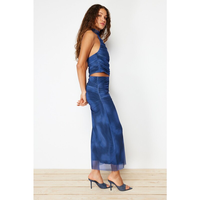 Trendyol Indigo Draped Maxi Tulle Stretch Knitted Skirt