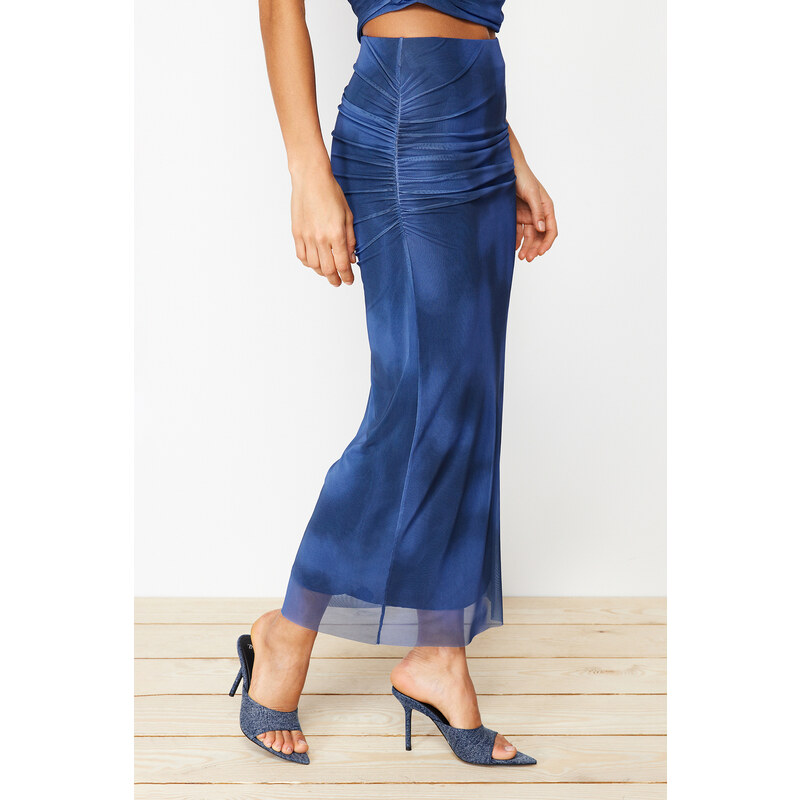 Trendyol Indigo Draped Maxi Tulle Stretch Knitted Skirt