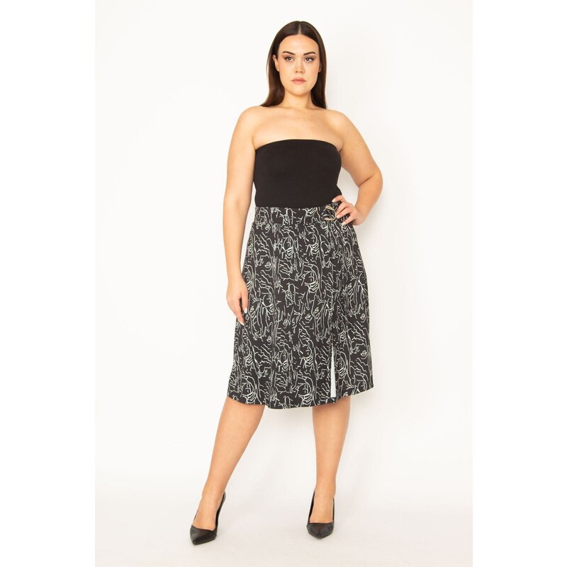 Şans Women's Plus Size Black Wrapover Look, Elastic Waist And Buckle Lace Detail Skirt