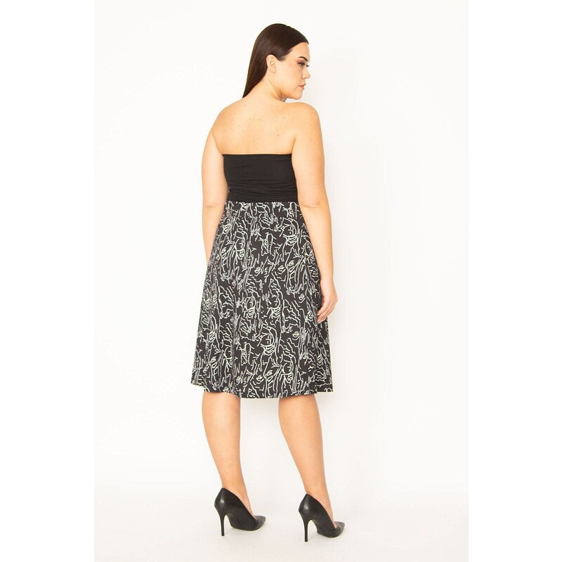 Şans Women's Plus Size Black Wrapover Look, Elastic Waist And Buckle Lace Detail Skirt