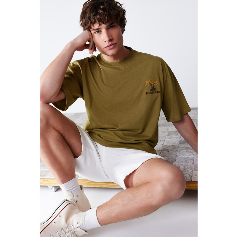 Trendyol Khaki Oversize Tropical Embroidery 100% Cotton T-Shirt
