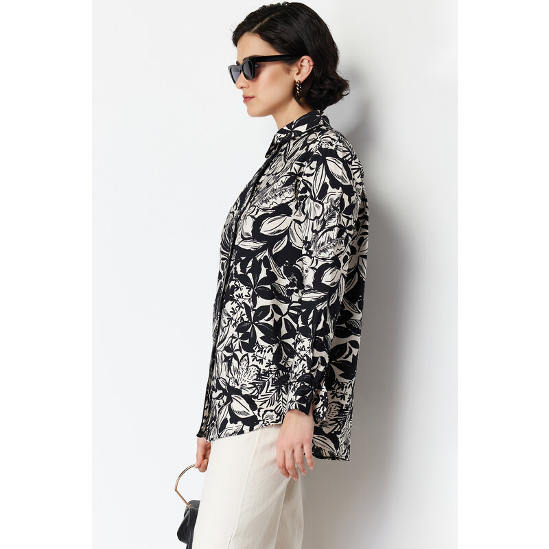 Trendyol Black Piping Detailed Woven Viscose Floral Shirt