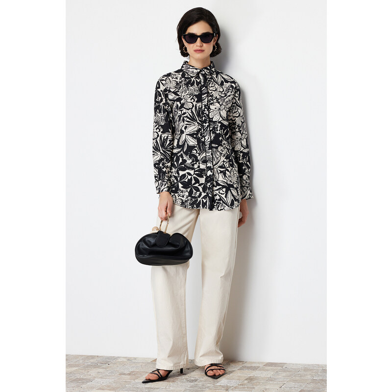 Trendyol Black Piping Detailed Woven Viscose Floral Shirt