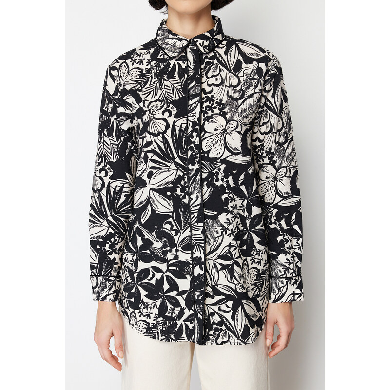 Trendyol Black Piping Detailed Woven Viscose Floral Shirt