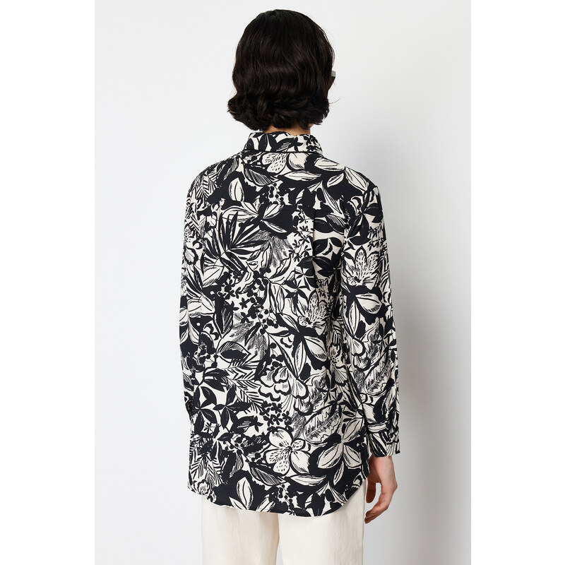 Trendyol Black Piping Detailed Woven Viscose Floral Shirt