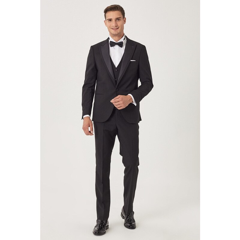 ALTINYILDIZ CLASSICS Men's Black Slim Fit Slim Fit Vest Patterned Tuxedo Tuxedo