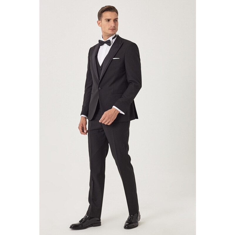 ALTINYILDIZ CLASSICS Men's Black Slim Fit Slim Fit Vest Patterned Tuxedo Tuxedo