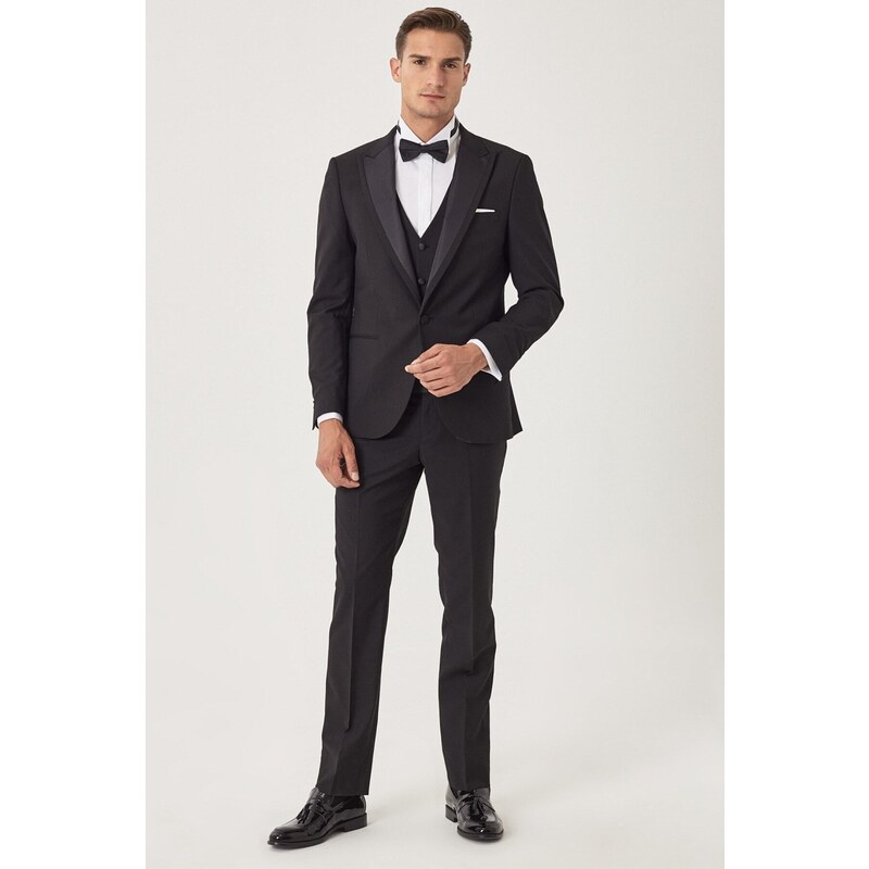 ALTINYILDIZ CLASSICS Men's Black Slim Fit Slim Fit Vest Patterned Tuxedo Tuxedo