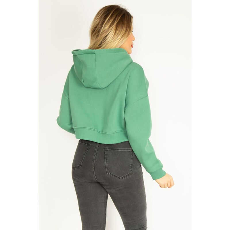 Şans Women's Plus Size Green 3 Thread Polar Front Zipper Hooded Sweatshirt