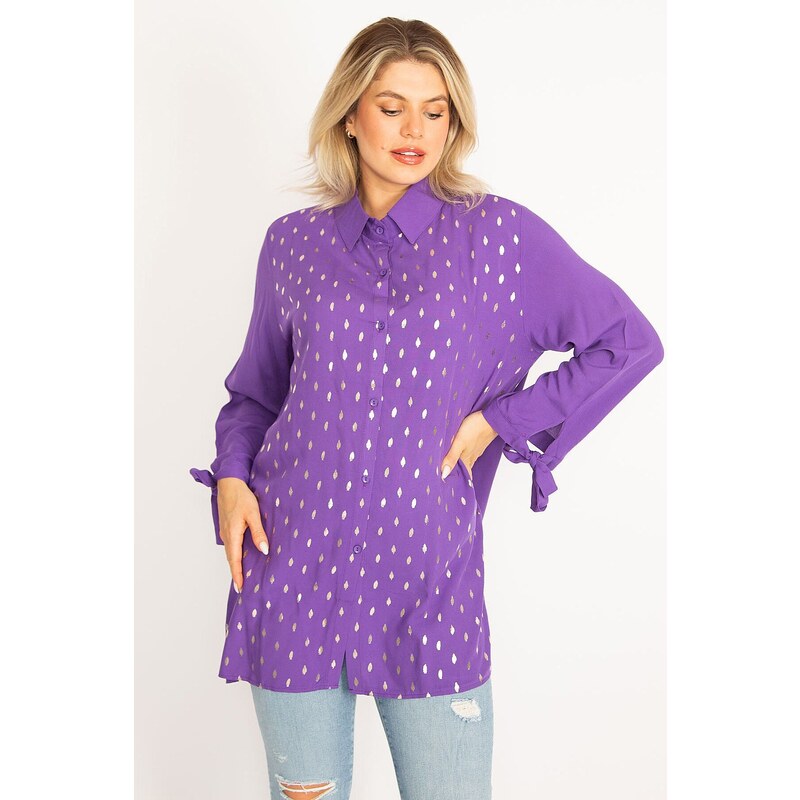 Şans Women's Lilac Viscose Shirt with Front Buttons, Lace-Up And Lacquer Print Detail.