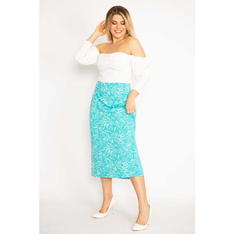 Şans Women's Plus Size Green Viscose Lycra Skirt with Elastic Waist