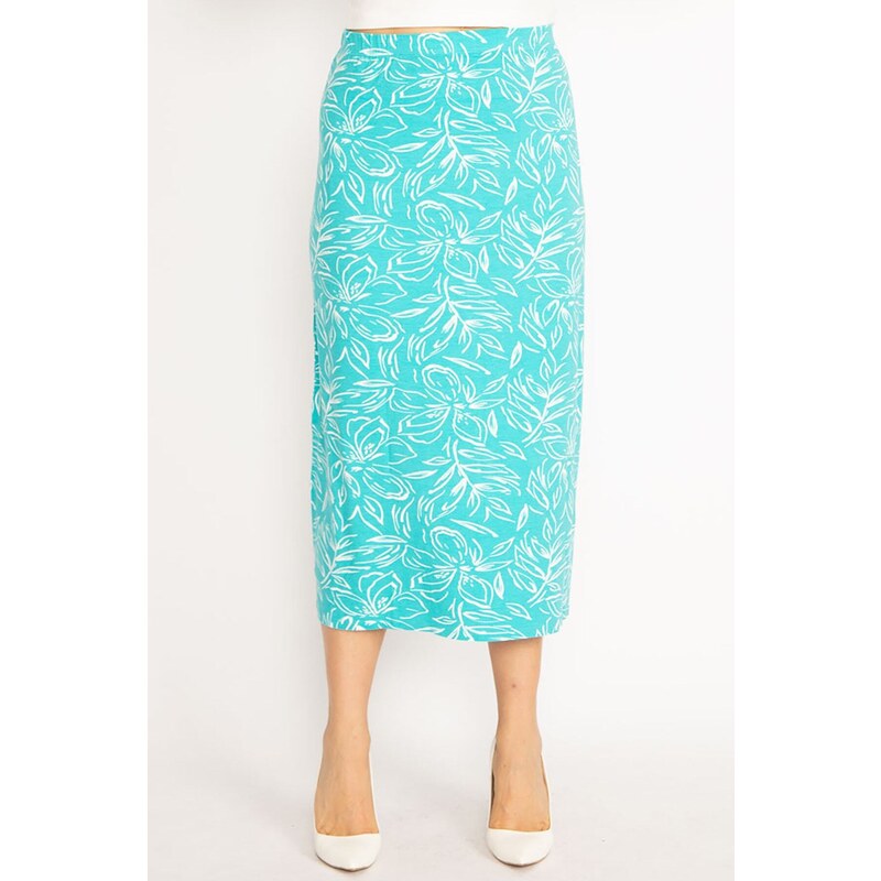 Şans Women's Plus Size Green Viscose Lycra Skirt with Elastic Waist