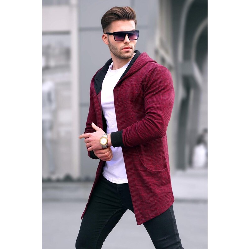 Madmext Burgundy Plaid Men's Hooded Cardigan 2784