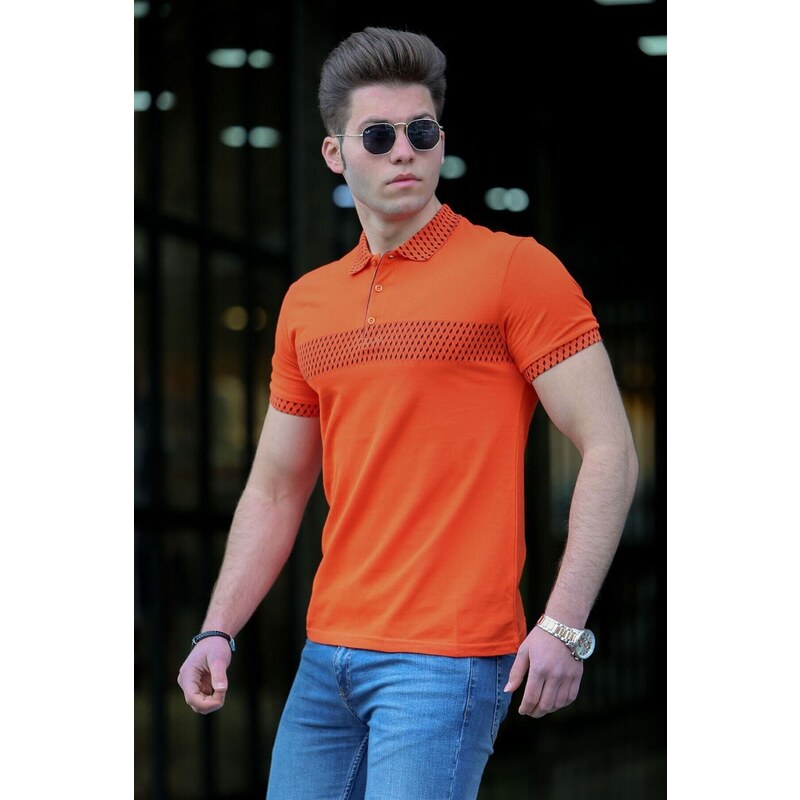 Madmext Men's Orange Patterned Polo Neck T-Shirt