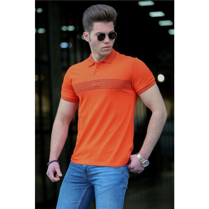 Madmext Men's Orange Patterned Polo Neck T-Shirt