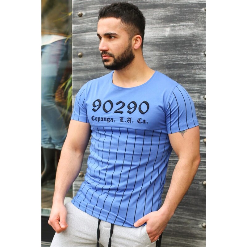 Madmext Crew Neck Stripe Detailed Blue T-Shirt 2863