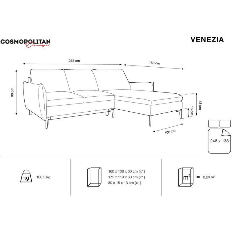 Šedá čalouněná rohová rozkládací pohovka Cosmopolitan Design Venezia 273 cm, pravá