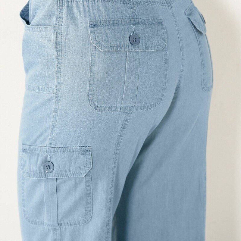 Blancheporte 3/4 denimové kalhoty s úpletovým pasem sepraná modrá 38