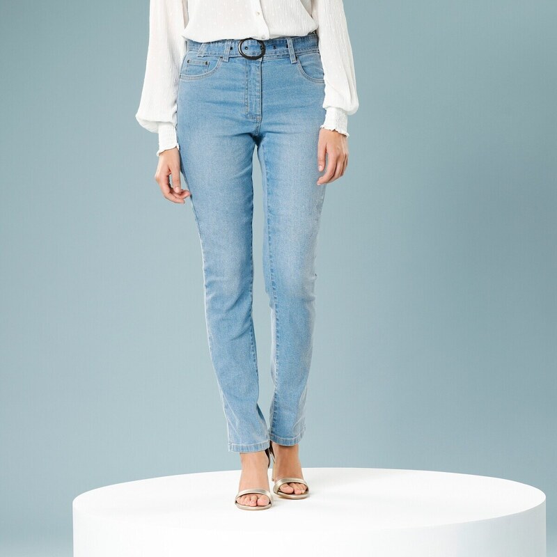 Blancheporte Rovné džíny s páskem, pro malou postavu sepraná modrá 38