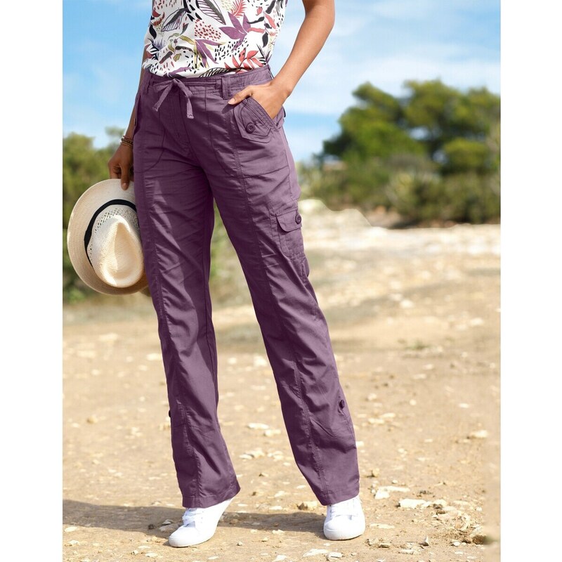 Blancheporte Rovné kalhoty s kapsami a nohavicemi na ohrnutí švestková 36