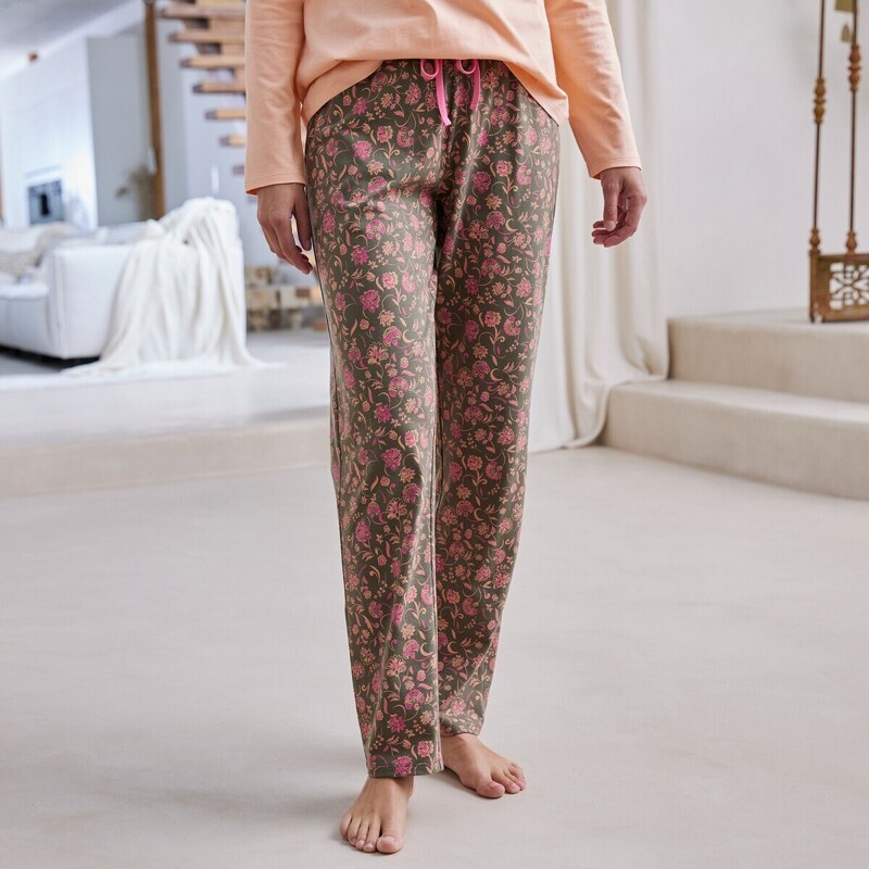 Blancheporte Pyžamové kalhoty s potiskem květin "Bohème" khaki/růžová 38/40