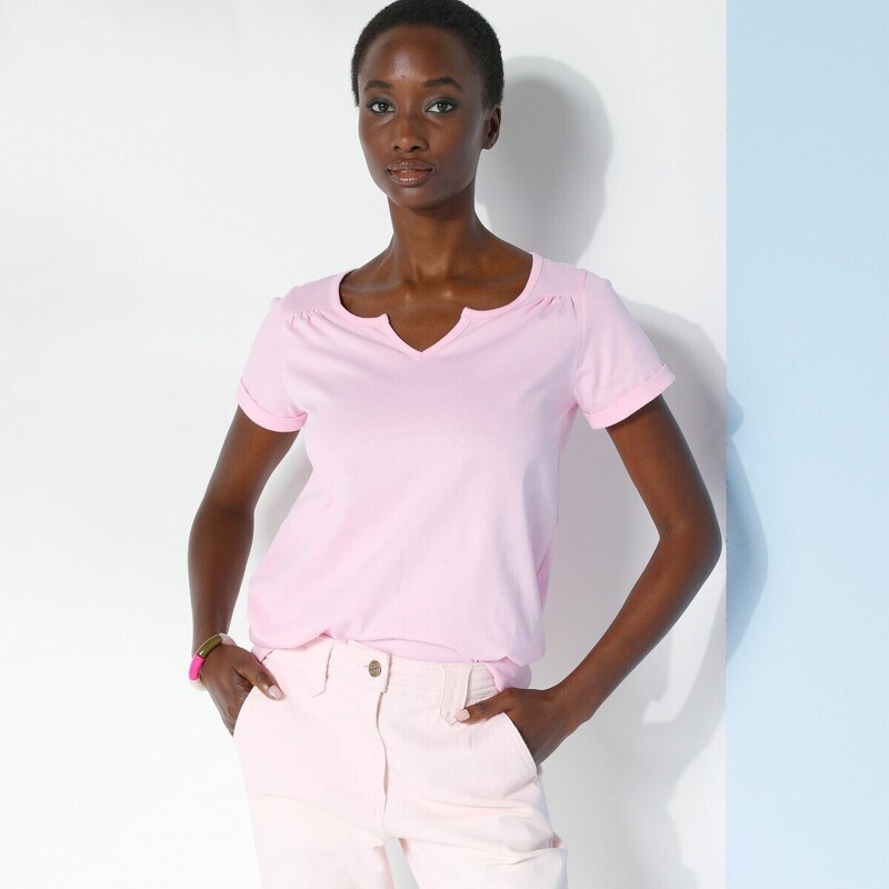Blancheporte Jednobarevné tričko s tuniským výstřihem růžová 34/36