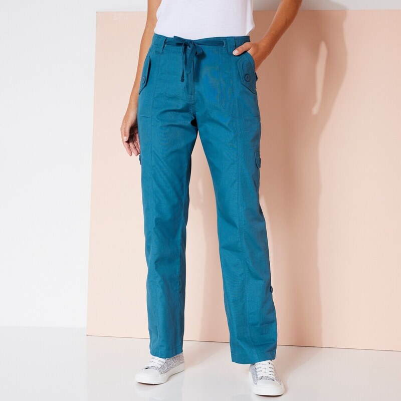 Blancheporte Rovné kalhoty s kapsami a nohavicemi na ohrnutí modrá 36