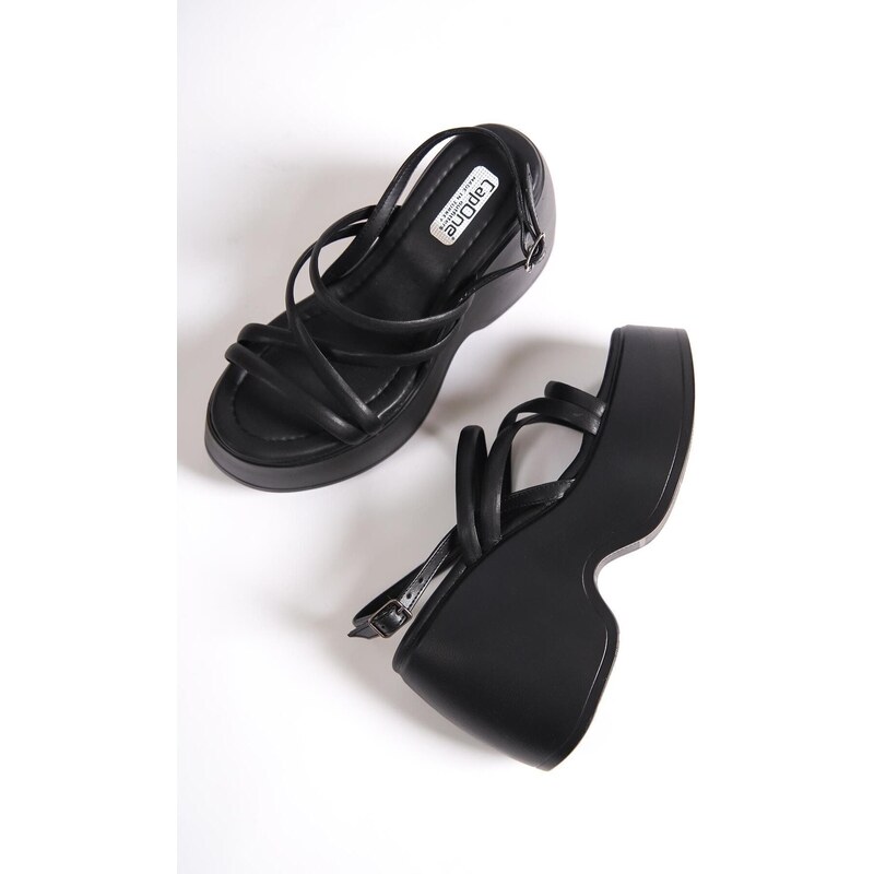 Capone Outfitters Capone Women's High Wedge Heel Ankle Strap Black Women's Sandals