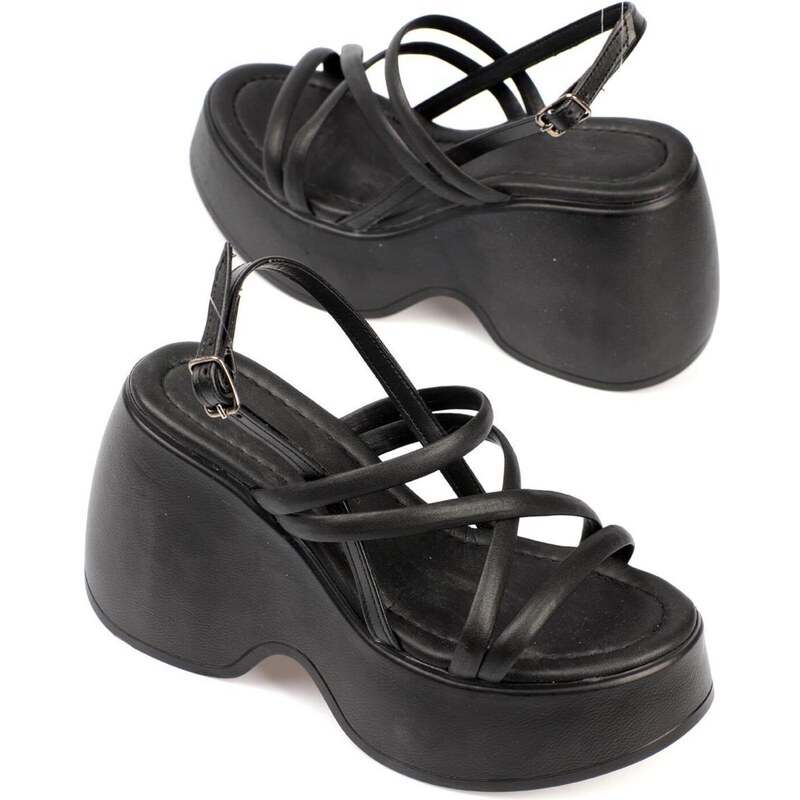 Capone Outfitters Capone Women's High Wedge Heel Ankle Strap Black Women's Sandals