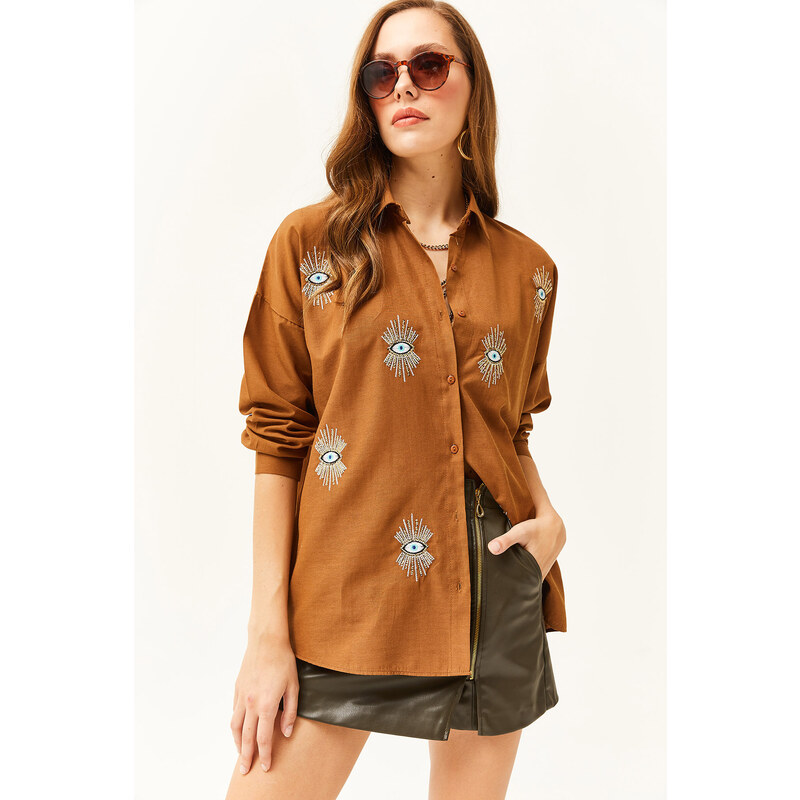 Olalook Women's Brown Sequin Detailed Woven Boyfriend Shirt