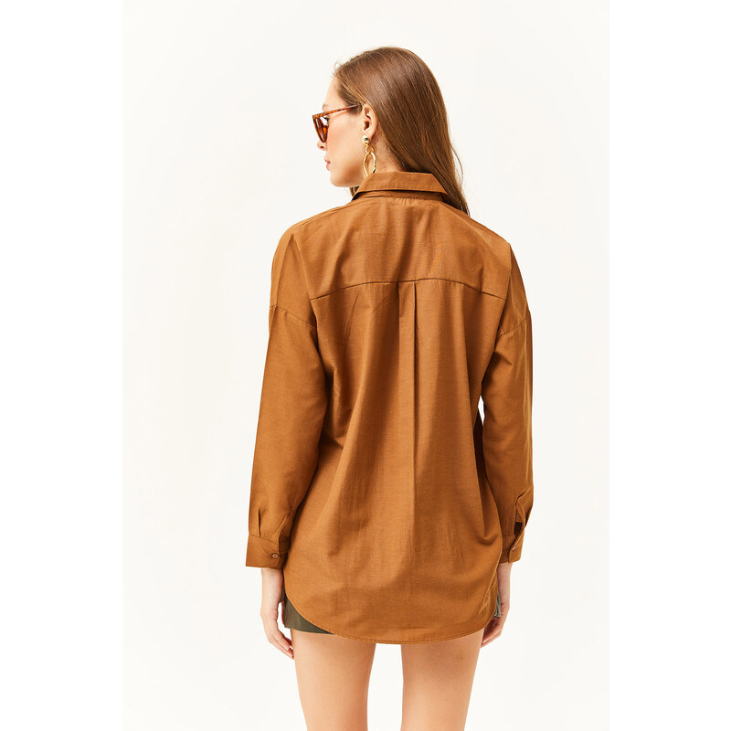 Olalook Women's Brown Sequin Detailed Woven Boyfriend Shirt