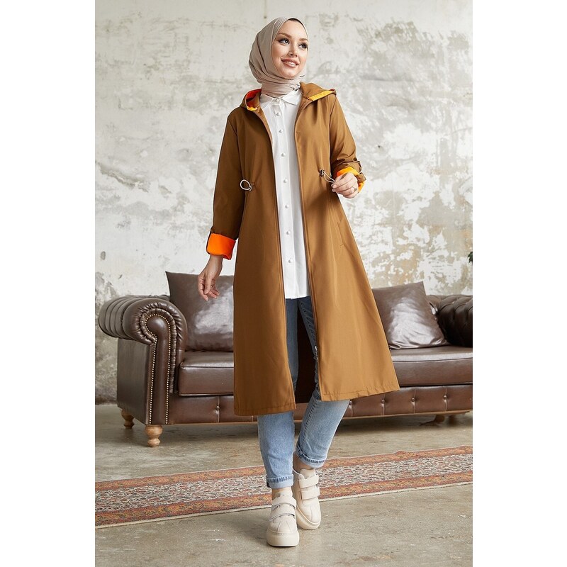 InStyle Drawstring Waist Hooded Neon Trench - Tan\Orange