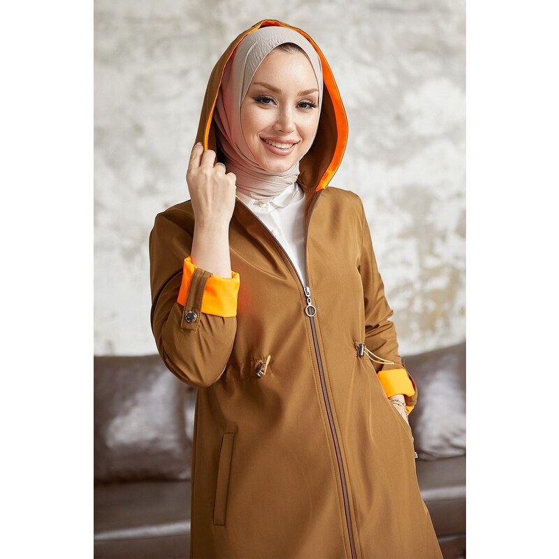 InStyle Drawstring Waist Hooded Neon Trench - Tan\Orange