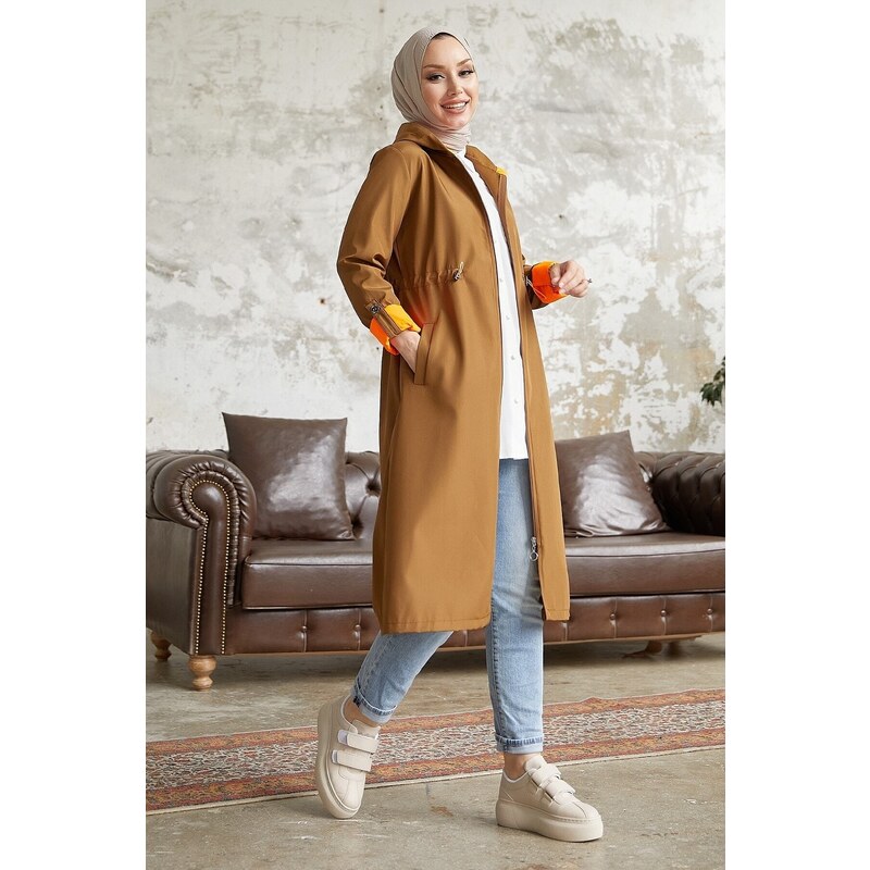 InStyle Drawstring Waist Hooded Neon Trench - Tan\Orange