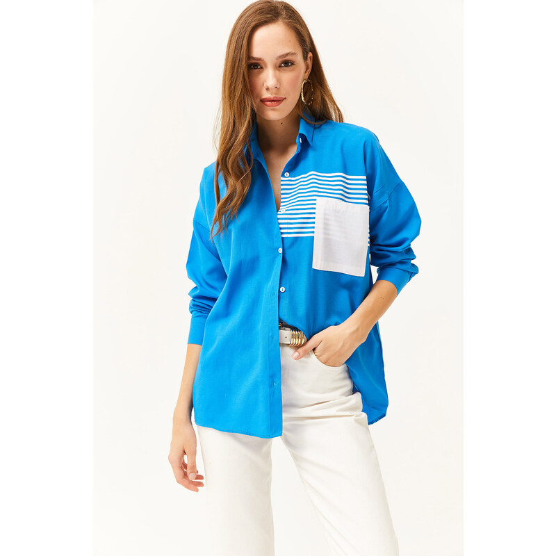 Olalook Women's Saxe Blue Pocket Detailed Oversize Woven Shirt