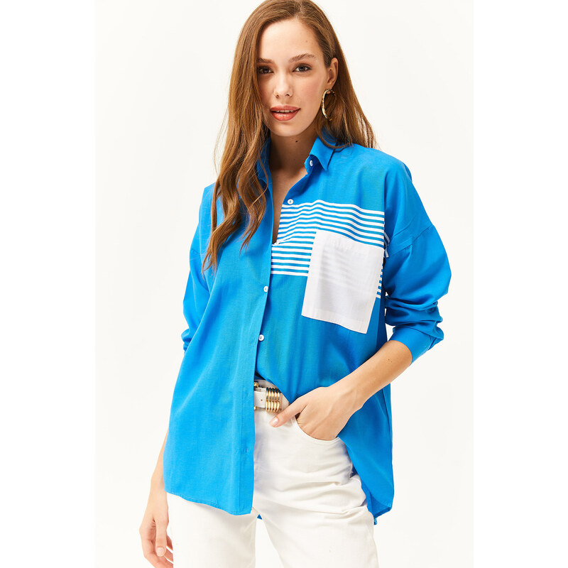 Olalook Women's Saxe Blue Pocket Detailed Oversize Woven Shirt