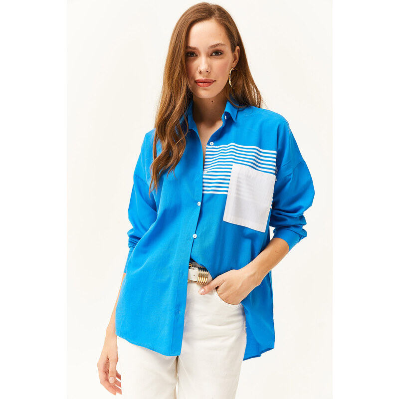 Olalook Women's Saxe Blue Pocket Detailed Oversize Woven Shirt