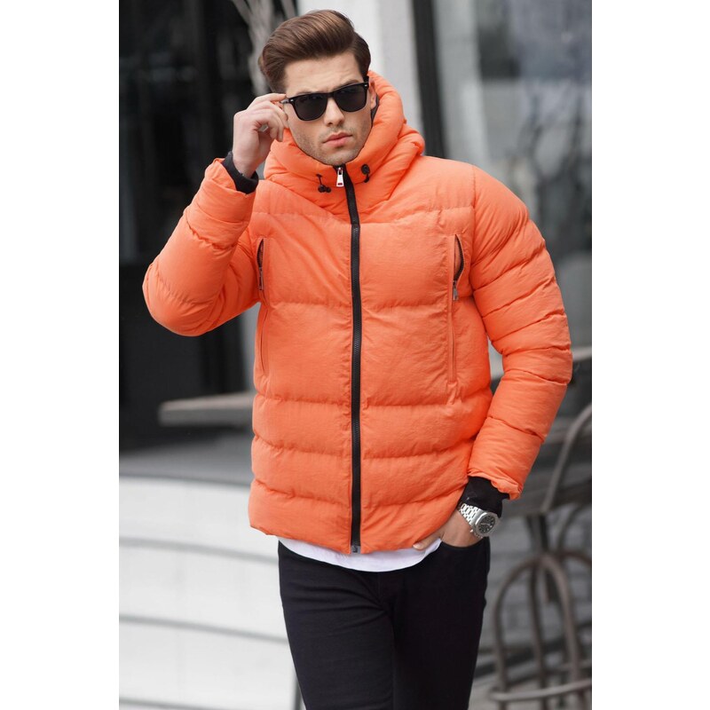 Madmext Orange Stand Collar Hooded Men's Puffer Coat 6805