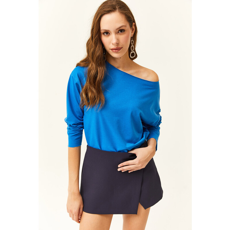 Olalook Women's Blue Dirty Collar Printed Soft Textured Thin Sweatshirt