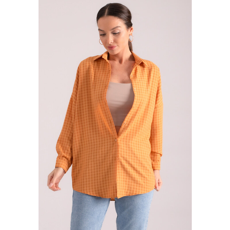 armonika Women's Tan Square Pattern Oversize Long Basic Shirt