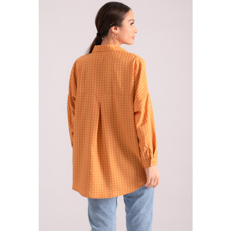 armonika Women's Tan Square Pattern Oversize Long Basic Shirt