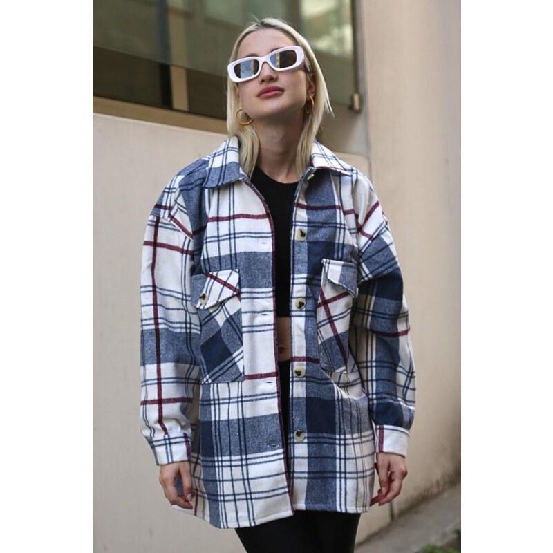 Madmext Navy Blue Plaid Women's Shirt