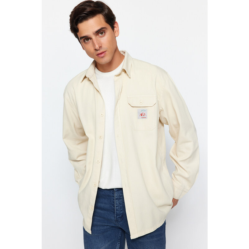 Trendyol Stone Relaxed Fit Label Detailed Single Pocket Gabardine Textured Shirt Jacket