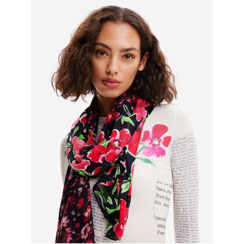 Černo-červený dámský květovaný šátek Desigual Half Floral Rectangl - Dámské